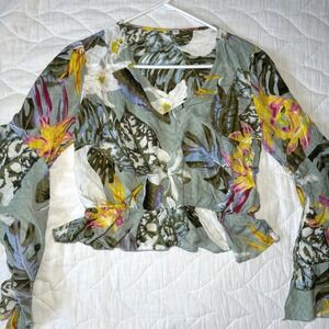 Guess Tropical Floral V-Neck Peplum Top Vacation Resortwear Festival Sage Small